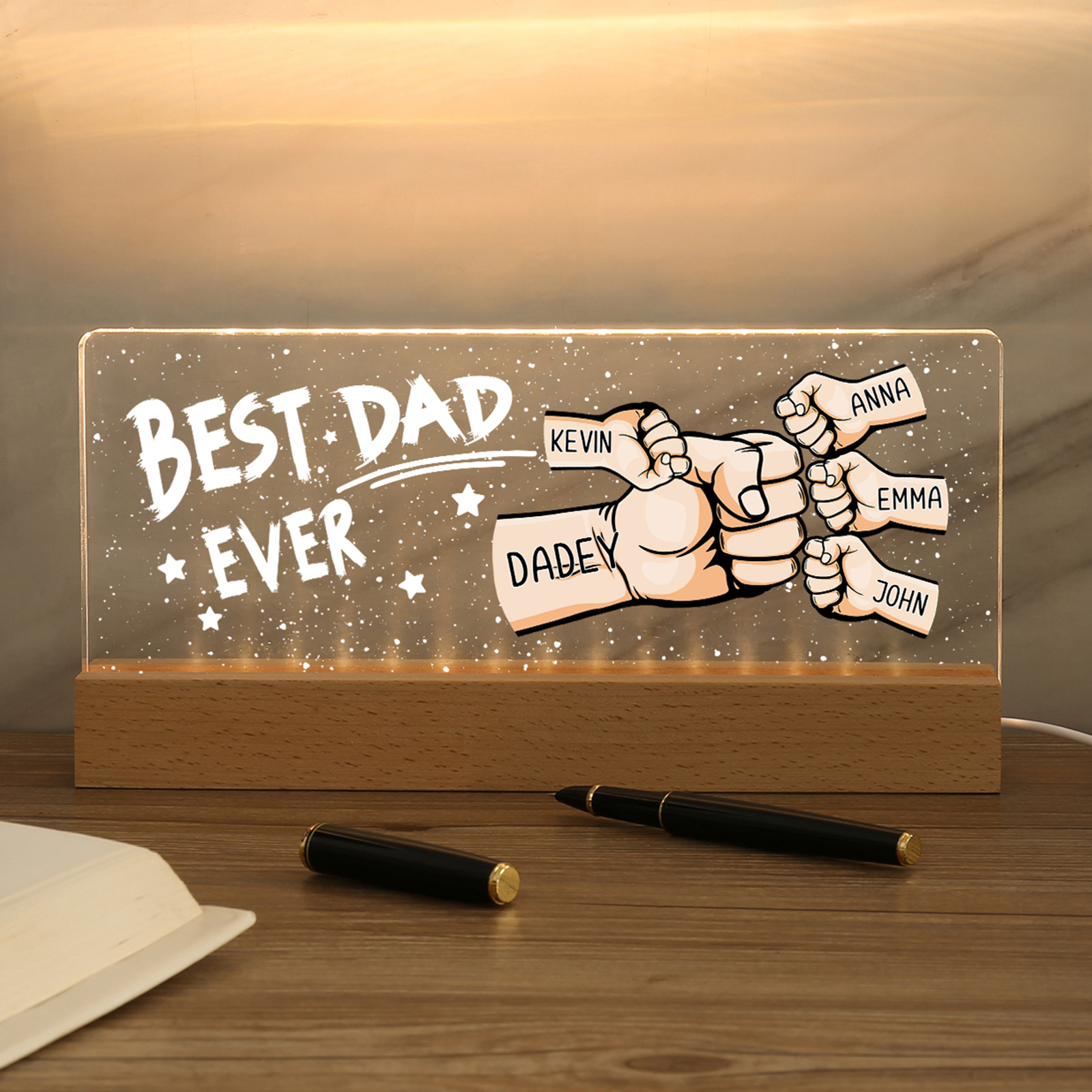 Best Dad Ever - Personalised 5 Names Acrylic Night Light Custom Fist Bump LED Lamp Fathers Day Gifts
