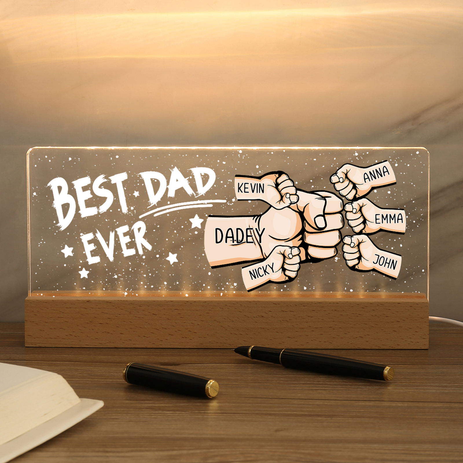 Best Dad Ever - Personalised 6 Names Acrylic Night Light Custom Fist Bump LED Lamp Fathers Day Gifts