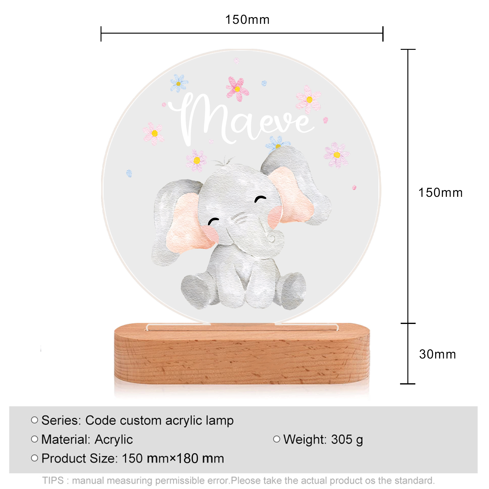 Personalised Acrylic Night Light Custom Name Elephant LED Lamp with Wooden Base Gifts for Kids-Jessemade AU