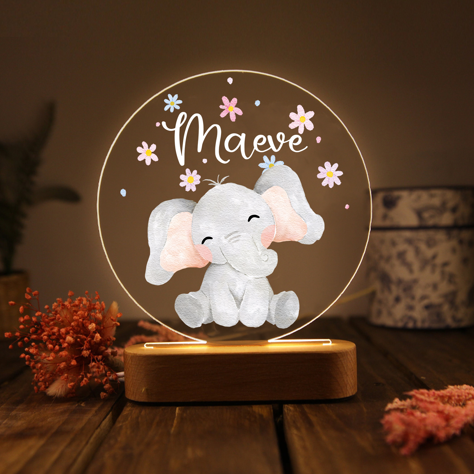 Personalized Acrylic Night Light Custom Name Elephant LED Lamp with Wooden Base Gifts for Kids