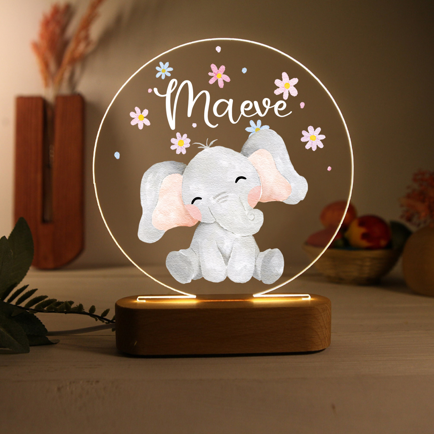 Personalised Acrylic Night Light Custom Name Elephant LED Lamp with Wooden Base Gifts for Kids-Jessemade AU