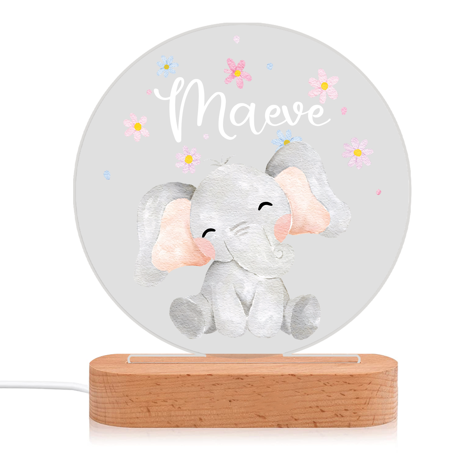 Personalised Acrylic Night Light Custom Name Elephant LED Lamp with Wooden Base Gifts for Kids-Jessemade AU