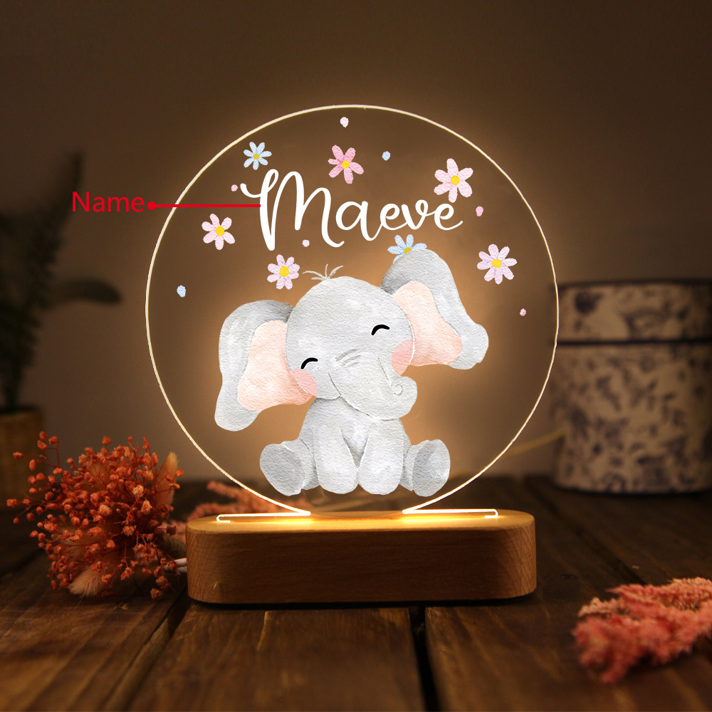 Personalized Acrylic Night Light Custom Name Elephant LED Lamp with Wooden Base Gifts for Kids