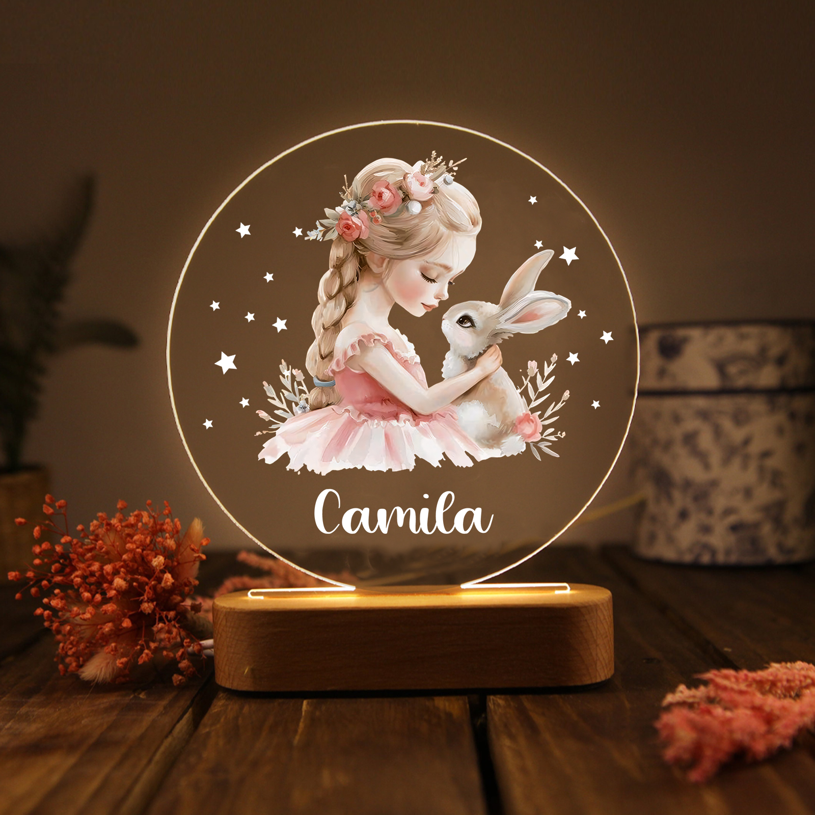 Personalized Acrylic Night Light Custom Name Bunny LED Lamp with Wooden Base Gifts for Girls