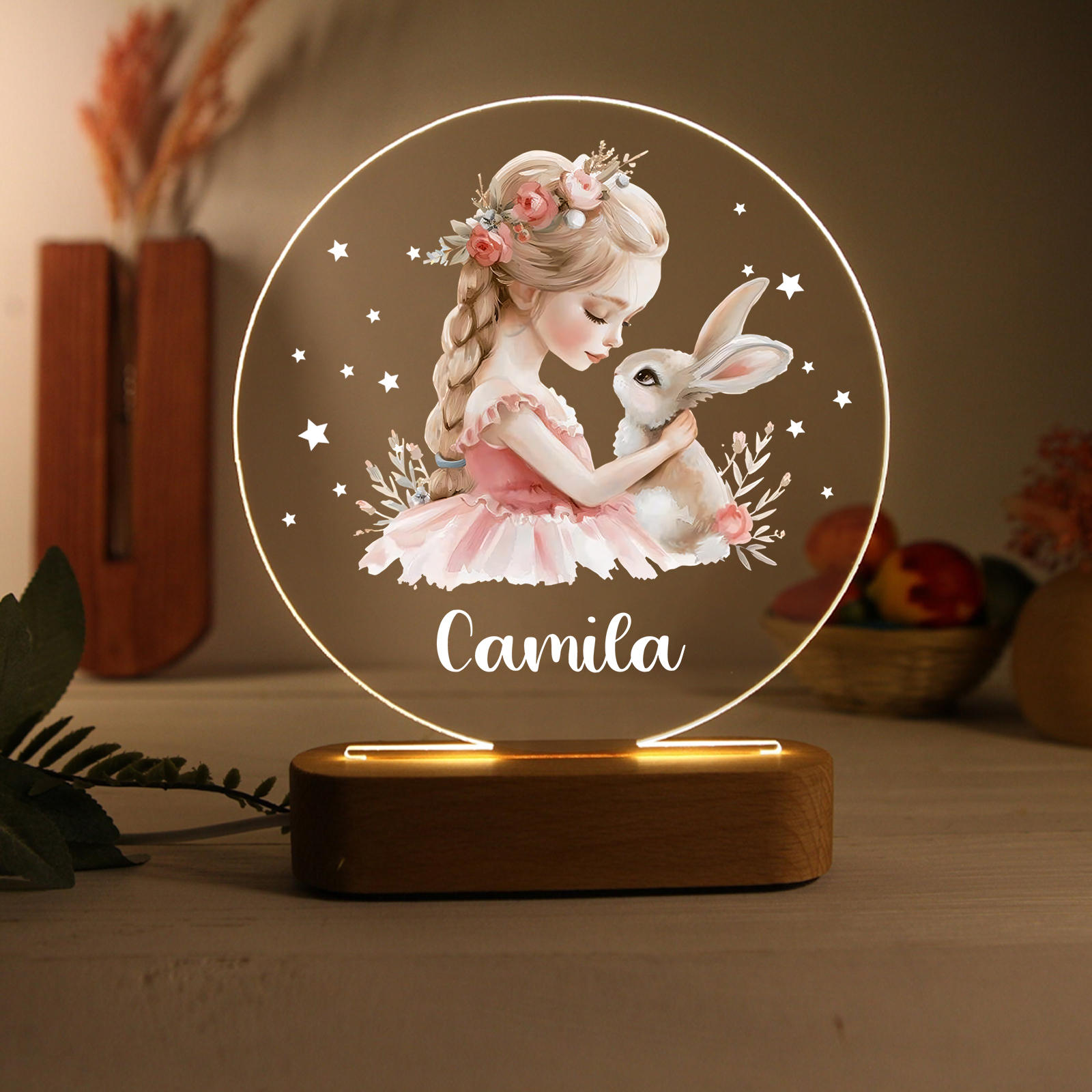 Personalised Acrylic Night Light Custom Name Bunny LED Lamp with Wooden Base Gifts for Girls-Jessemade AU