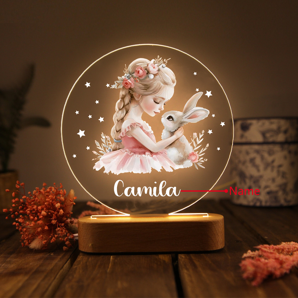 Personalized Acrylic Night Light Custom Name Bunny LED Lamp with Wooden Base Gifts for Girls