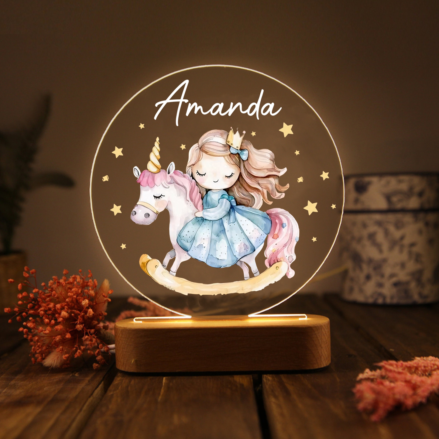 Personalised Acrylic Night Light Custom Name Unicorn LED Lamp with Wooden Base Gifts for Girls-Jessemade AU