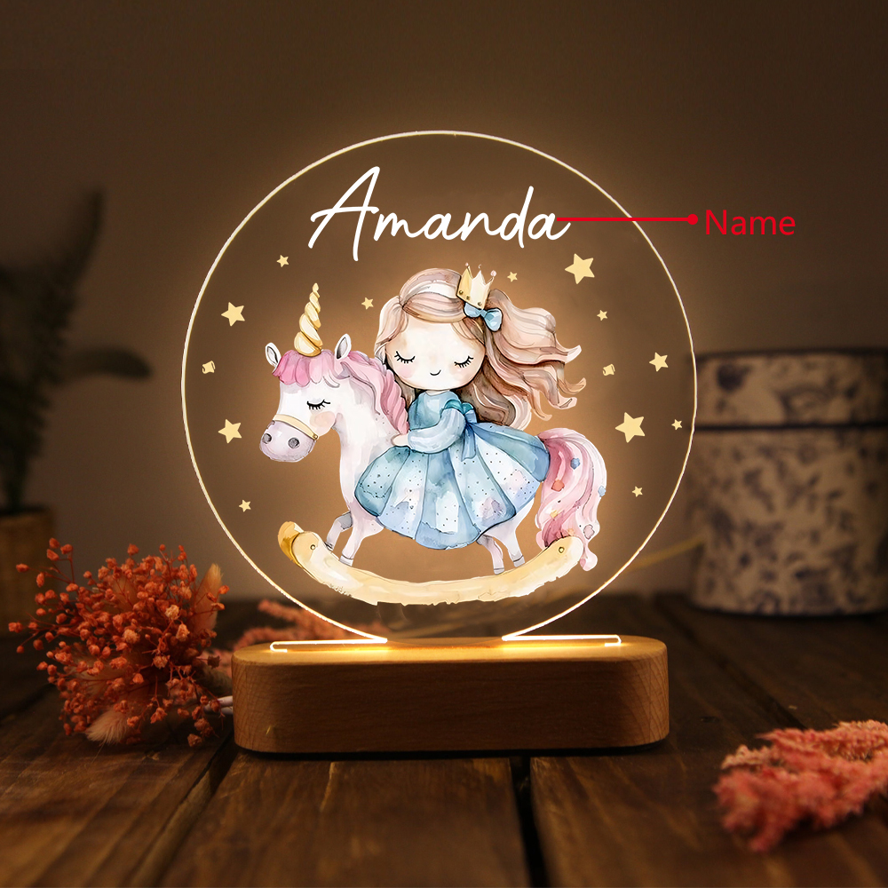 Personalized Acrylic Night Light Custom Name Unicorn LED Lamp with Wooden Base Gifts for Girls
