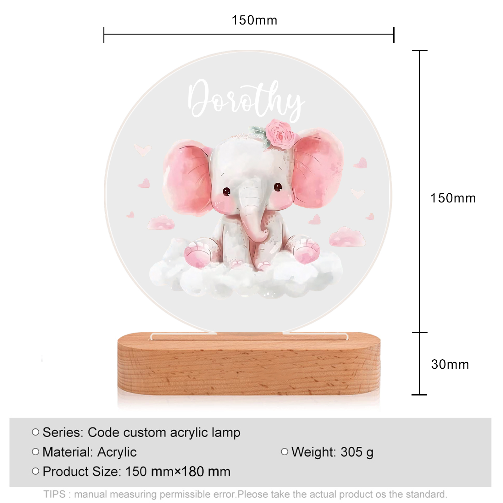 Personalised Acrylic Night Light Custom Name Pink Elephant LED Lamp with Wooden Base Gifts for Girls-Jessemade AU