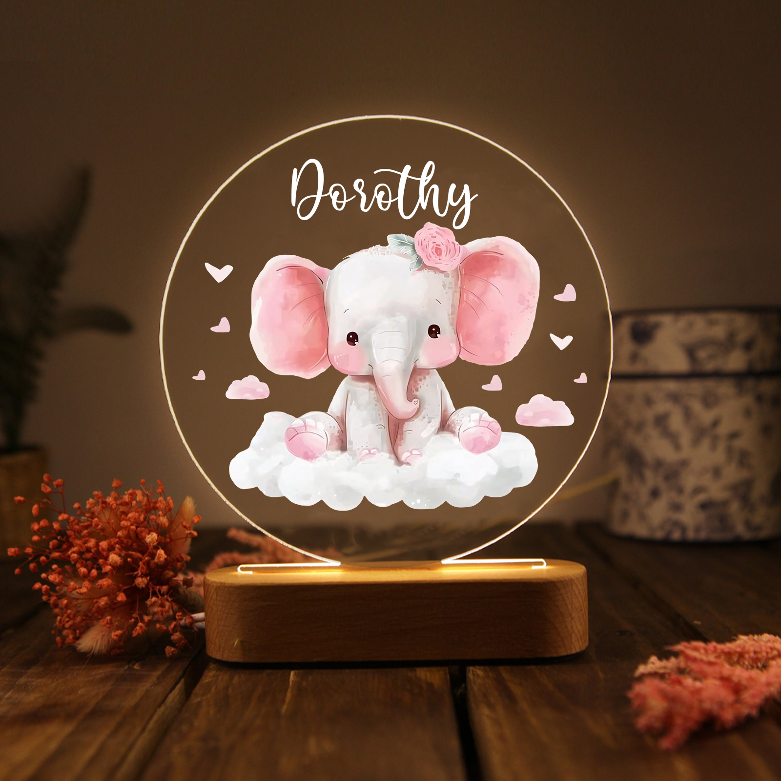 Personalized Acrylic Night Light Custom Name Pink Elephant LED Lamp with Wooden Base Gifts for Girls
