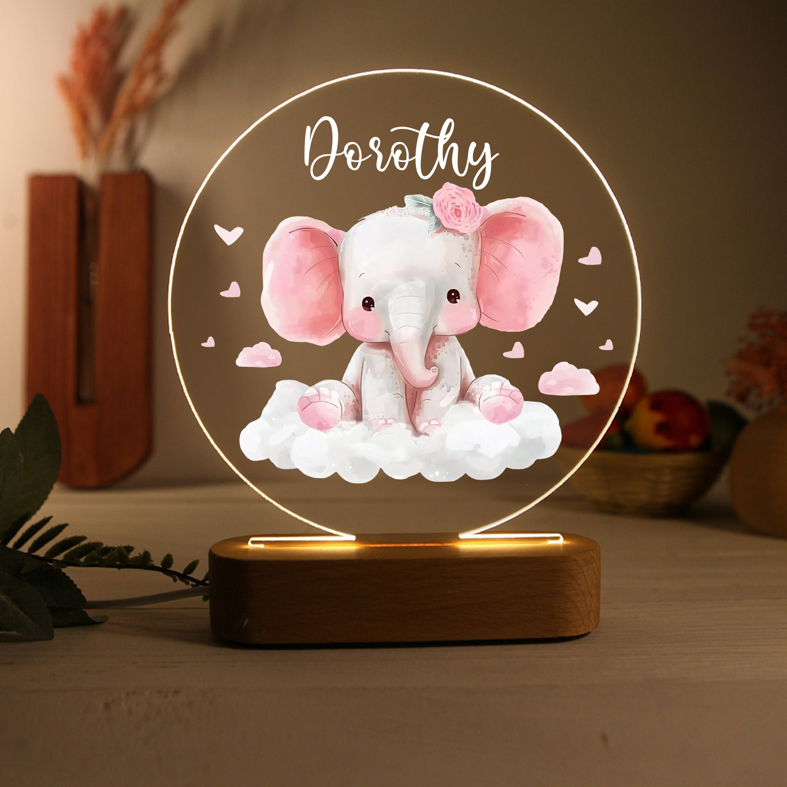 Personalised Acrylic Night Light Custom Name Pink Elephant LED Lamp with Wooden Base Gifts for Girls-Jessemade AU
