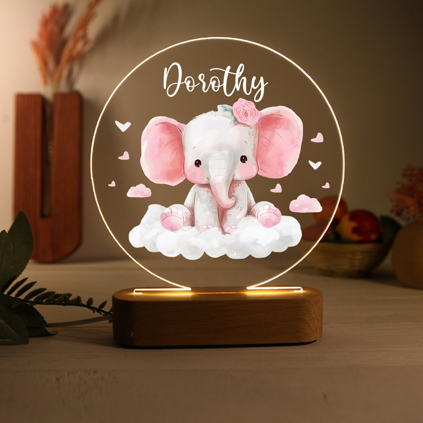 Personalised Acrylic Night Light Custom Name Pink Elephant LED Lamp with Wooden Base Gifts for Girls-Jessemade AU