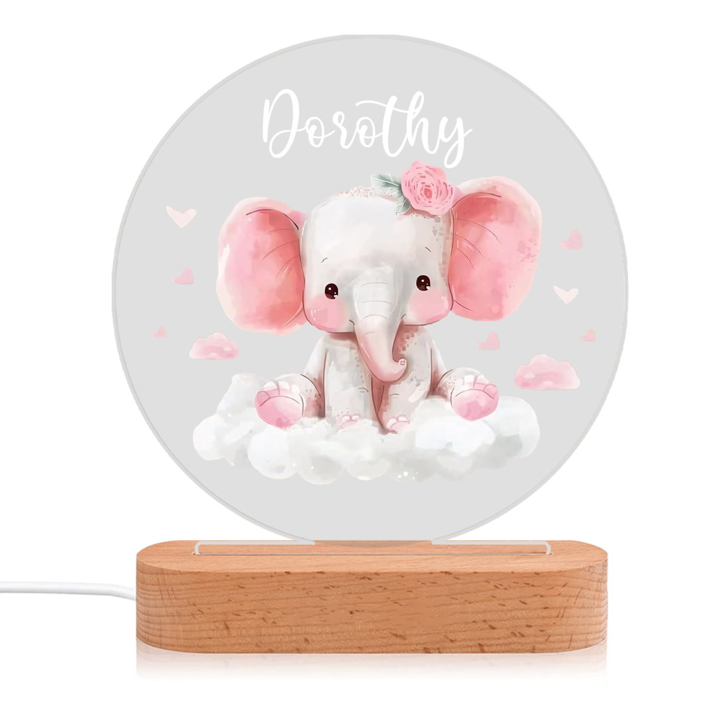 Personalised Acrylic Night Light Custom Name Pink Elephant LED Lamp with Wooden Base Gifts for Girls-Jessemade AU