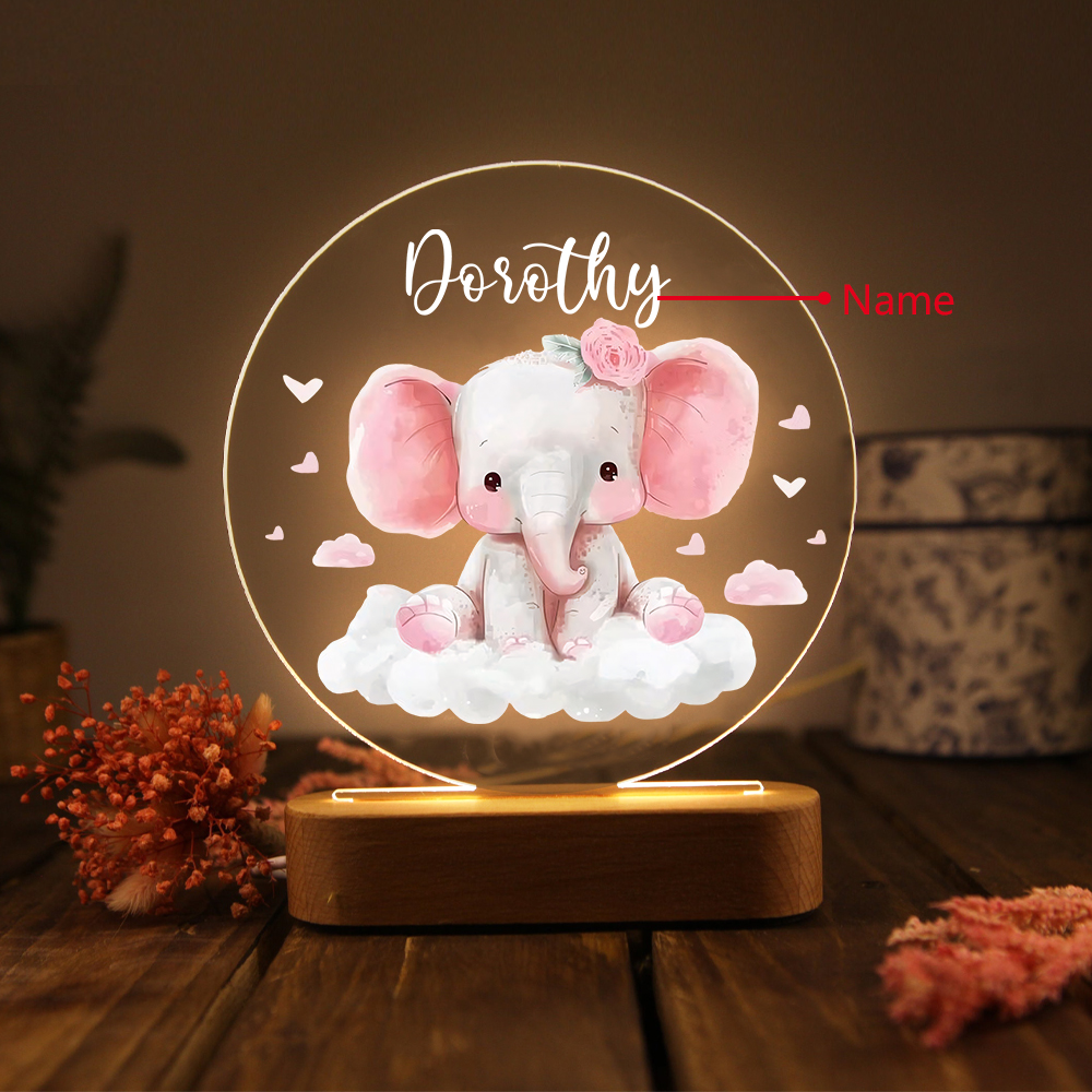 Personalised Acrylic Night Light Custom Name Pink Elephant LED Lamp with Wooden Base Gifts for Girls-Jessemade AU