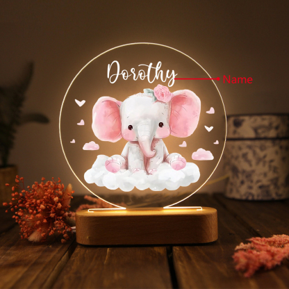 Personalised Acrylic Night Light Custom Name Pink Elephant LED Lamp with Wooden Base Gifts for Girls-Jessemade AU
