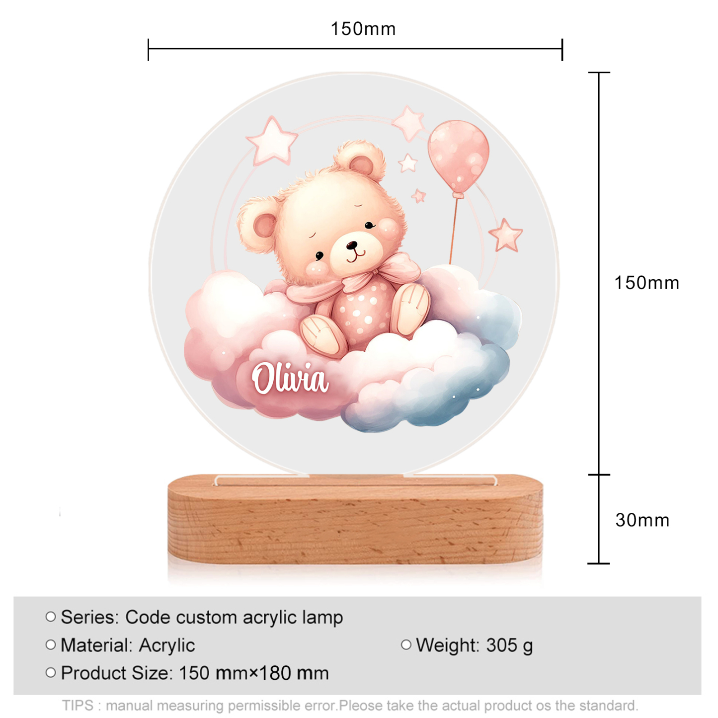 Personalised Acrylic Night Light Custom Name Pink Bear LED Lamp with Wooden Base Gifts for Girls-Jessemade AU