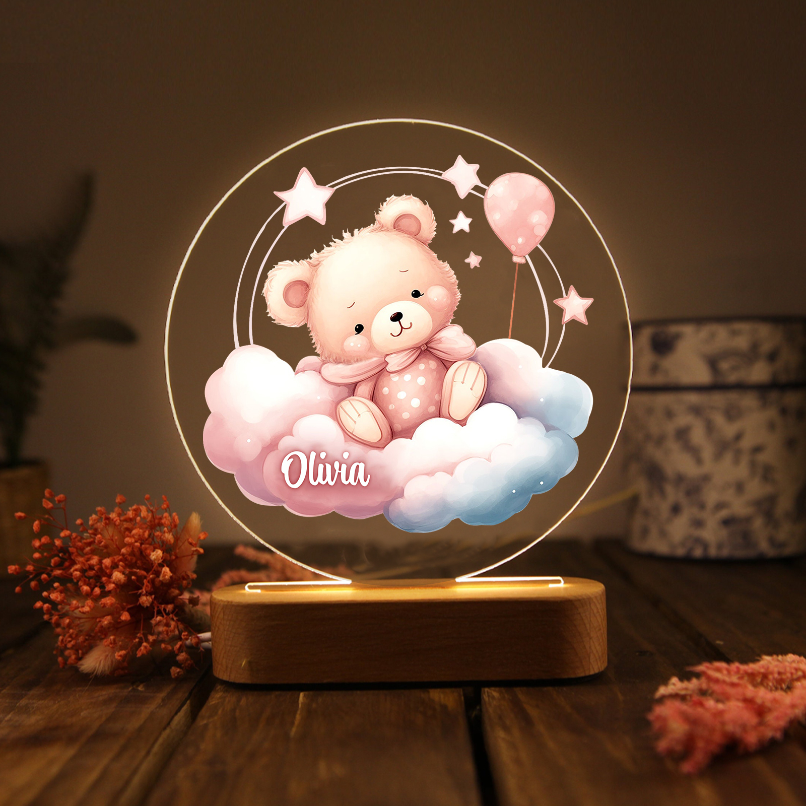 Personalised Acrylic Night Light Custom Name Pink Bear LED Lamp with Wooden Base Gifts for Girls-Jessemade AU