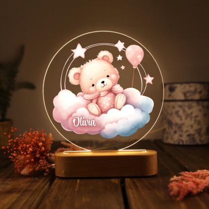 Personalised Acrylic Night Light Custom Name Pink Bear LED Lamp with Wooden Base Gifts for Girls-Jessemade AU