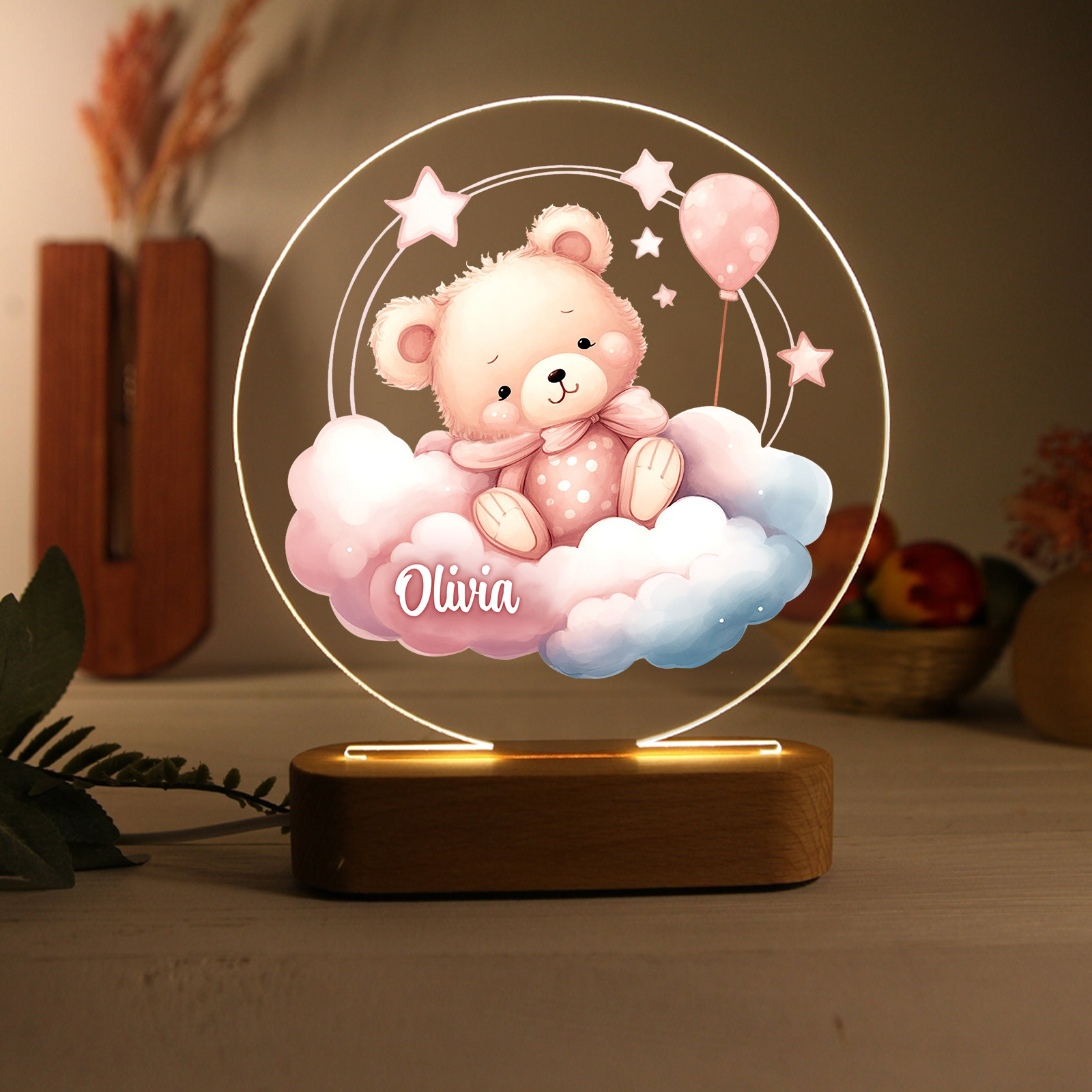 Personalised Acrylic Night Light Custom Name Pink Bear LED Lamp with Wooden Base Gifts for Girls-Jessemade AU
