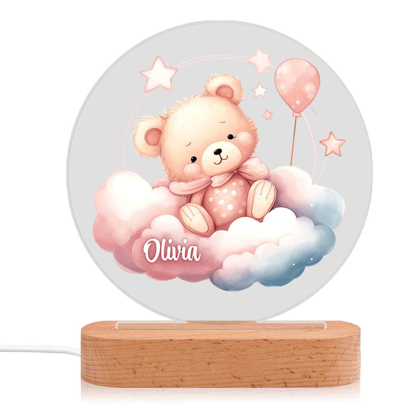 Personalised Acrylic Night Light Custom Name Pink Bear LED Lamp with Wooden Base Gifts for Girls-Jessemade AU