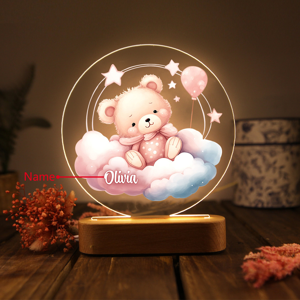 Personalised Acrylic Night Light Custom Name Pink Bear LED Lamp with Wooden Base Gifts for Girls-Jessemade AU