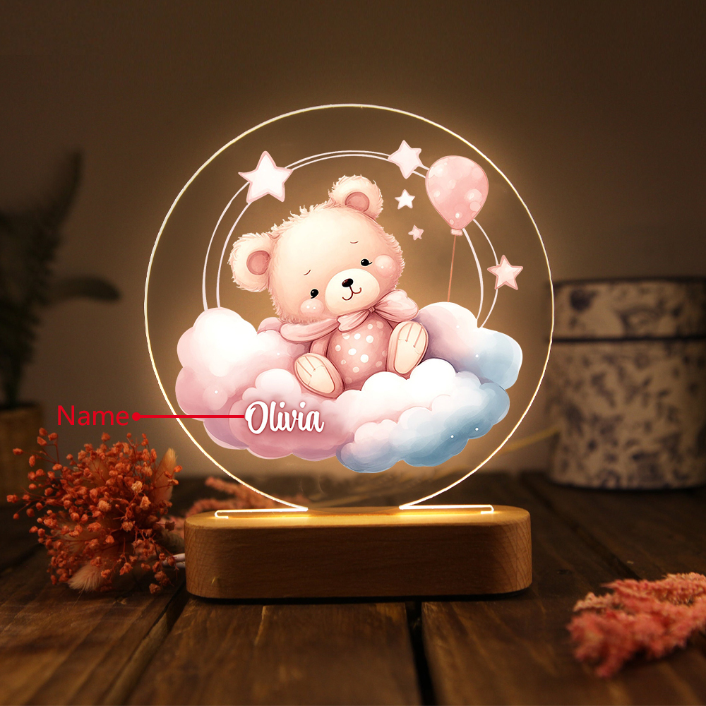 Personalised Acrylic Night Light Custom Name Pink Bear LED Lamp with Wooden Base Gifts for Girls-Jessemade AU