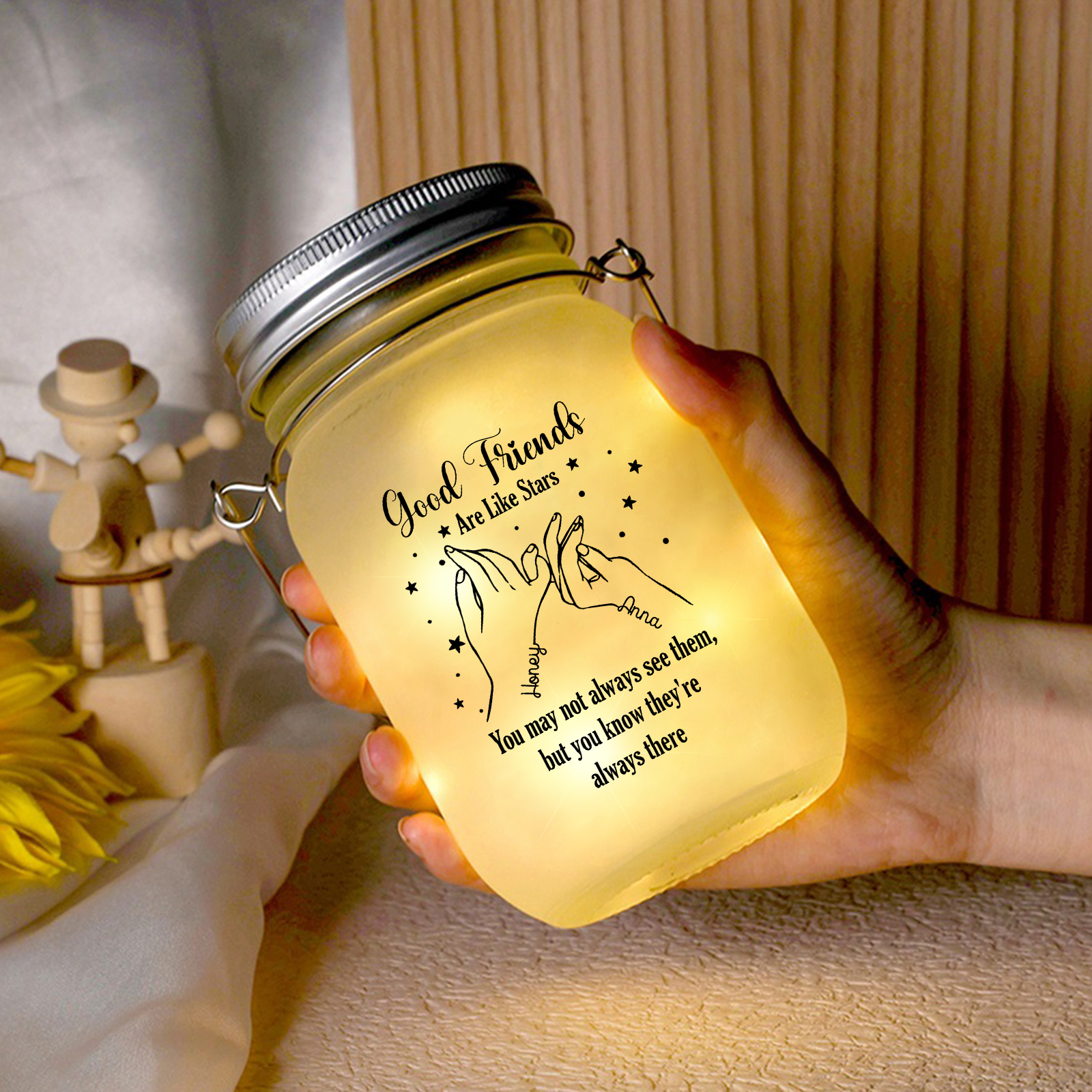 Personalised Mason Jar Light Custom 2 Names Bottle Gifts - Good Friends Are Like Stars, You May Not Always See Them, But You Know They're Always There-Jessemade AU