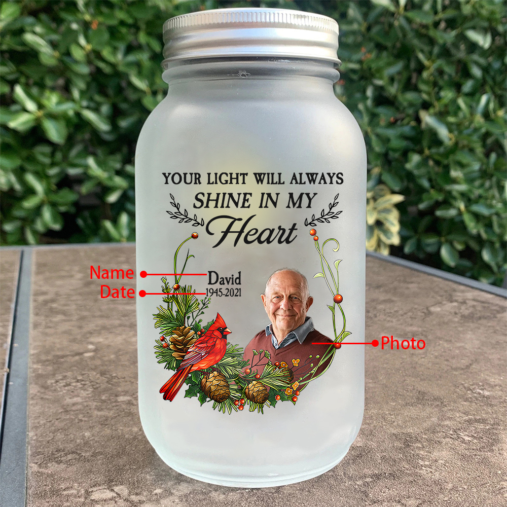 Personalized Mason Jar Light Custom Name & Photo & Date Bottle Memorial Gifts - Your Light Will Always Shine In My Heart