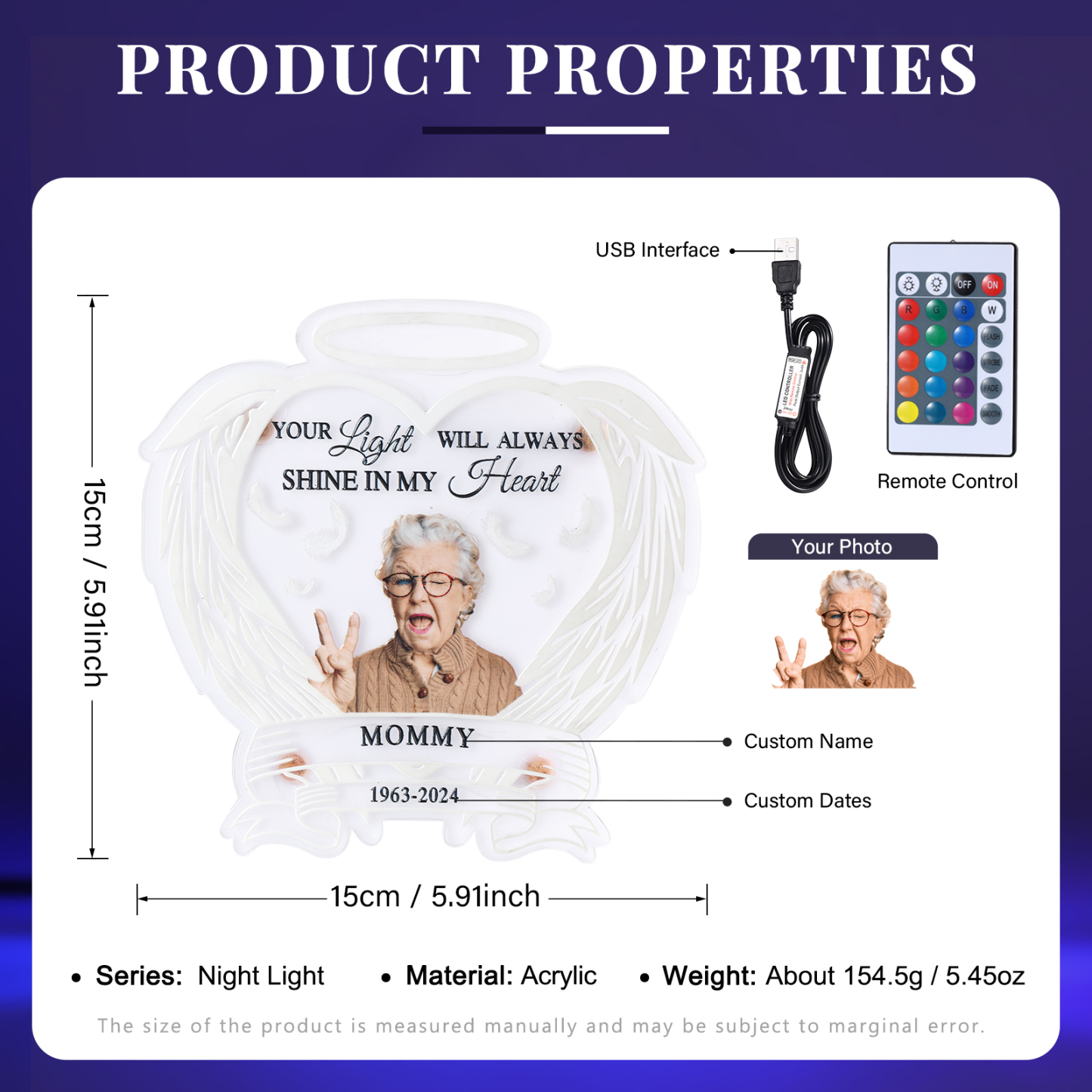 Personalised Memorial LED Light with Angel Wings 1 Name & Photo A Heartfelt Sympathy Gift-Jessemade AU