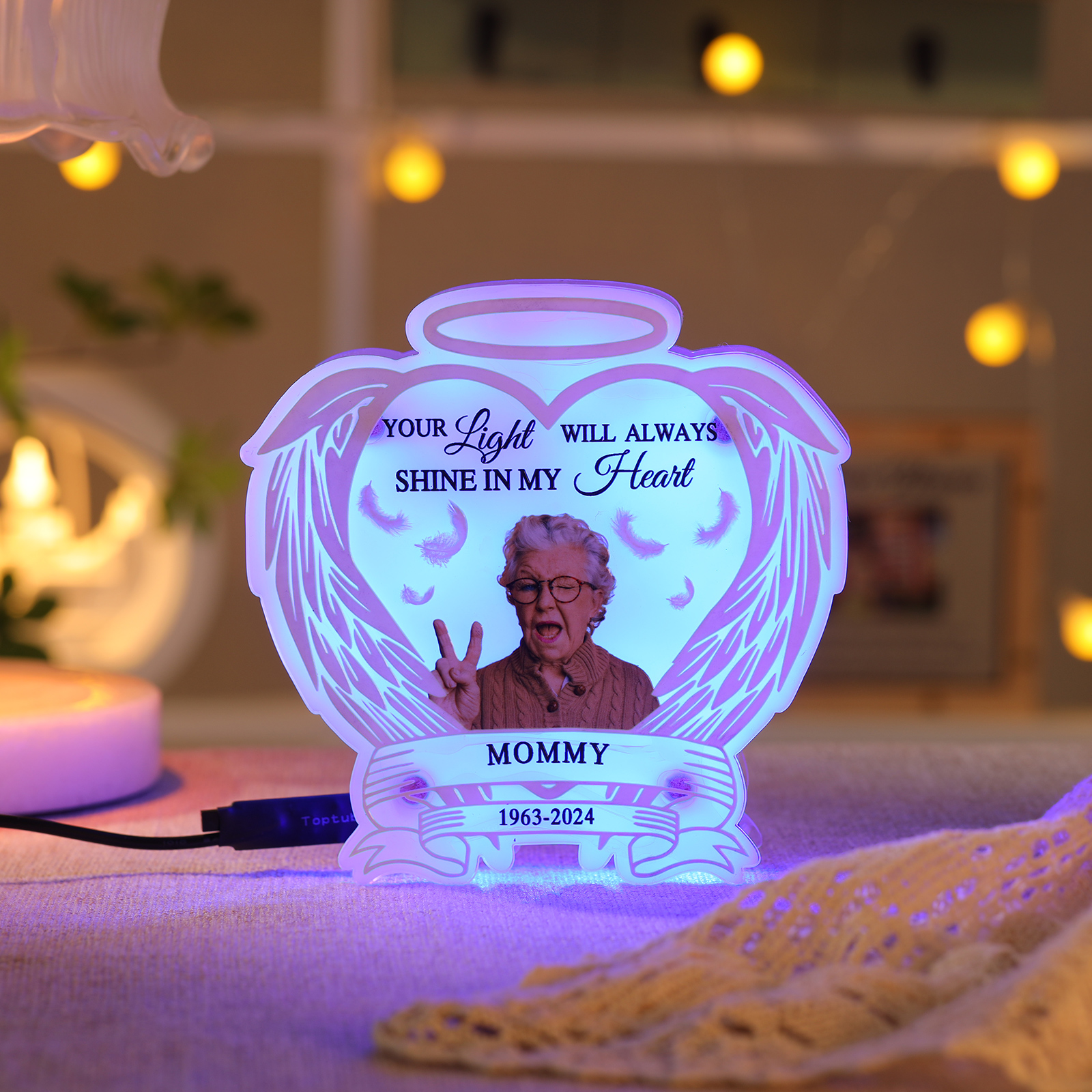 Personalised Memorial LED Light with Angel Wings 1 Name & Photo A Heartfelt Sympathy Gift-Jessemade AU