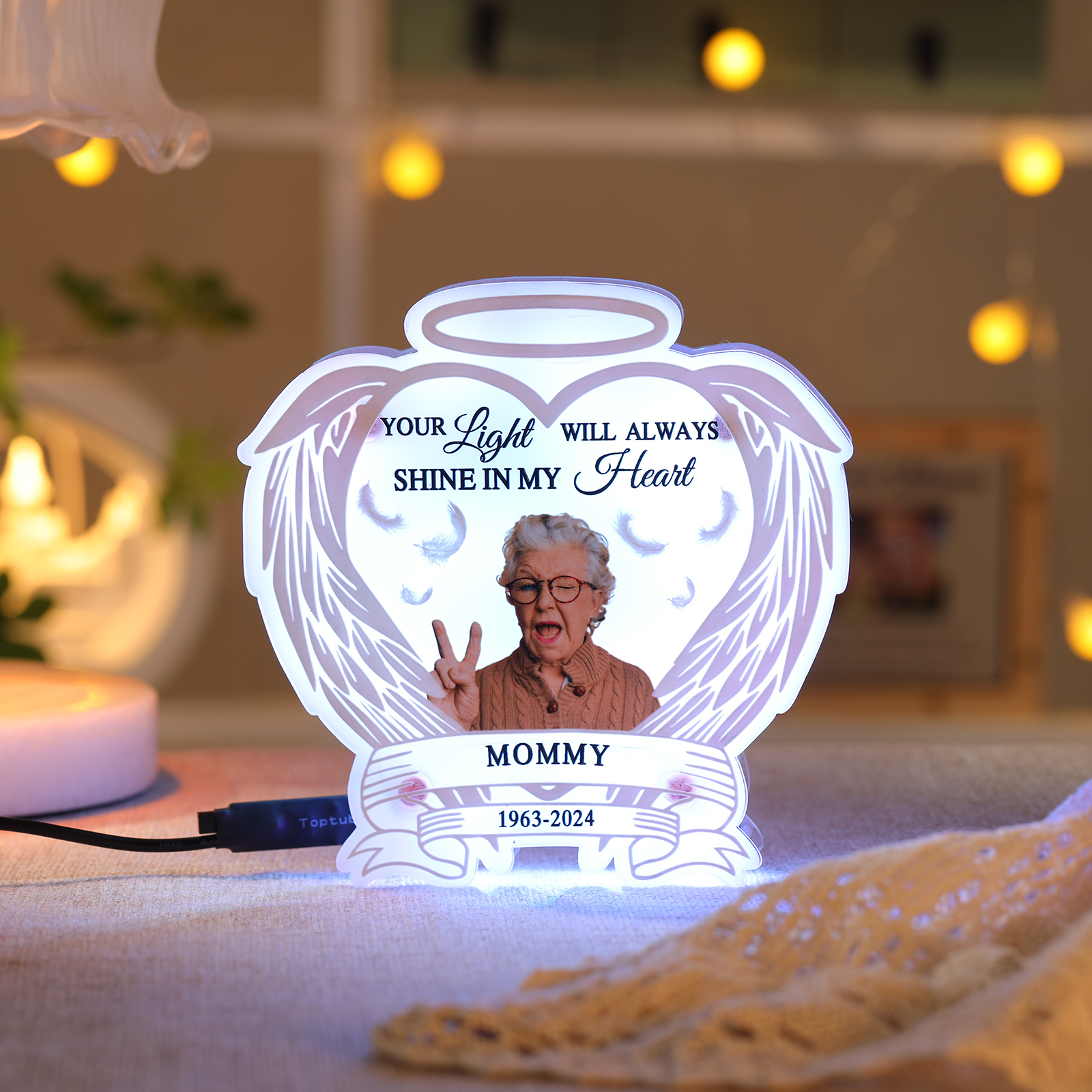 Personalised Memorial LED Light with Angel Wings, 1 Name & Photo A Heartfelt Sympathy Gift
