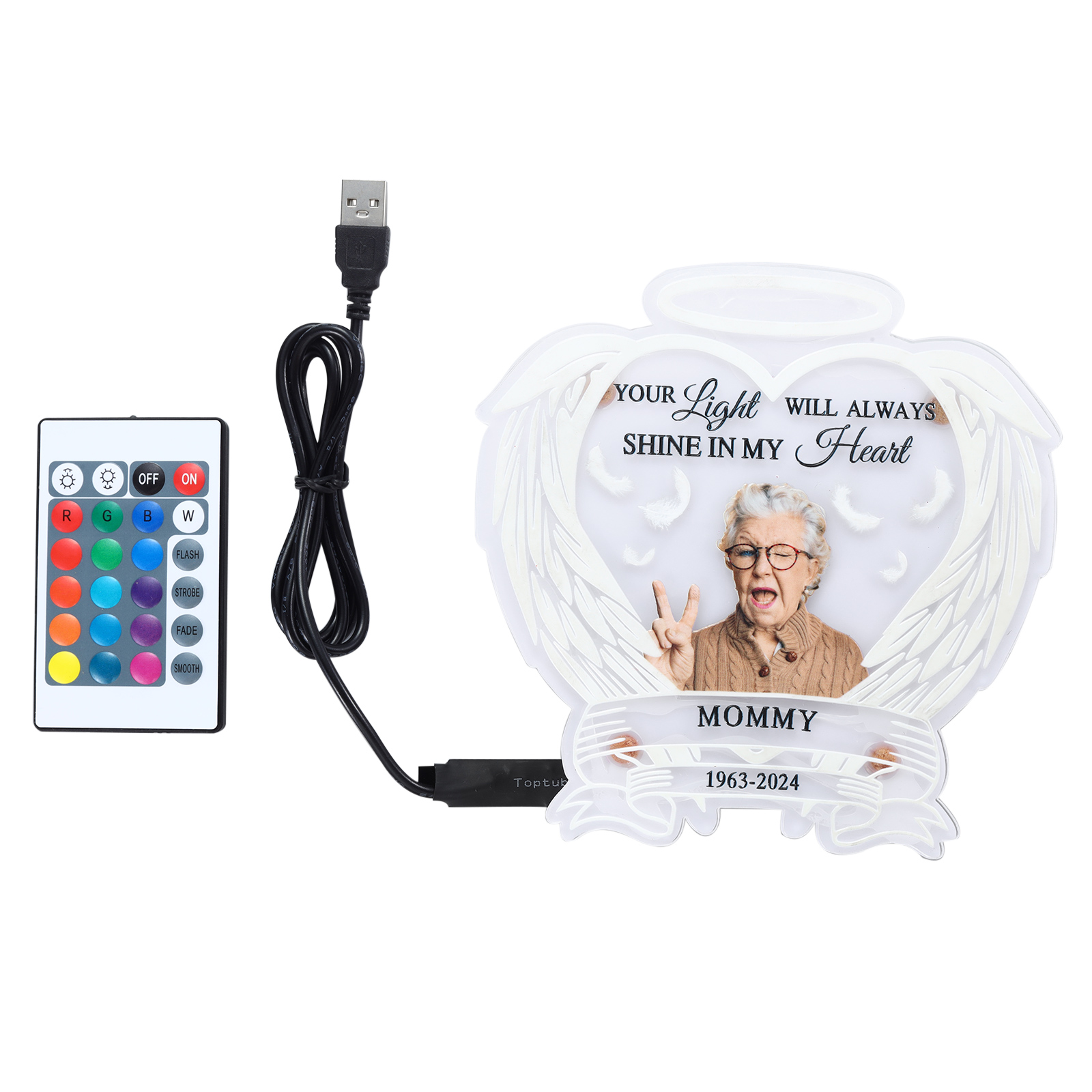 Personalised Memorial LED Light with Angel Wings, 1 Name & Photo A Heartfelt Sympathy Gift