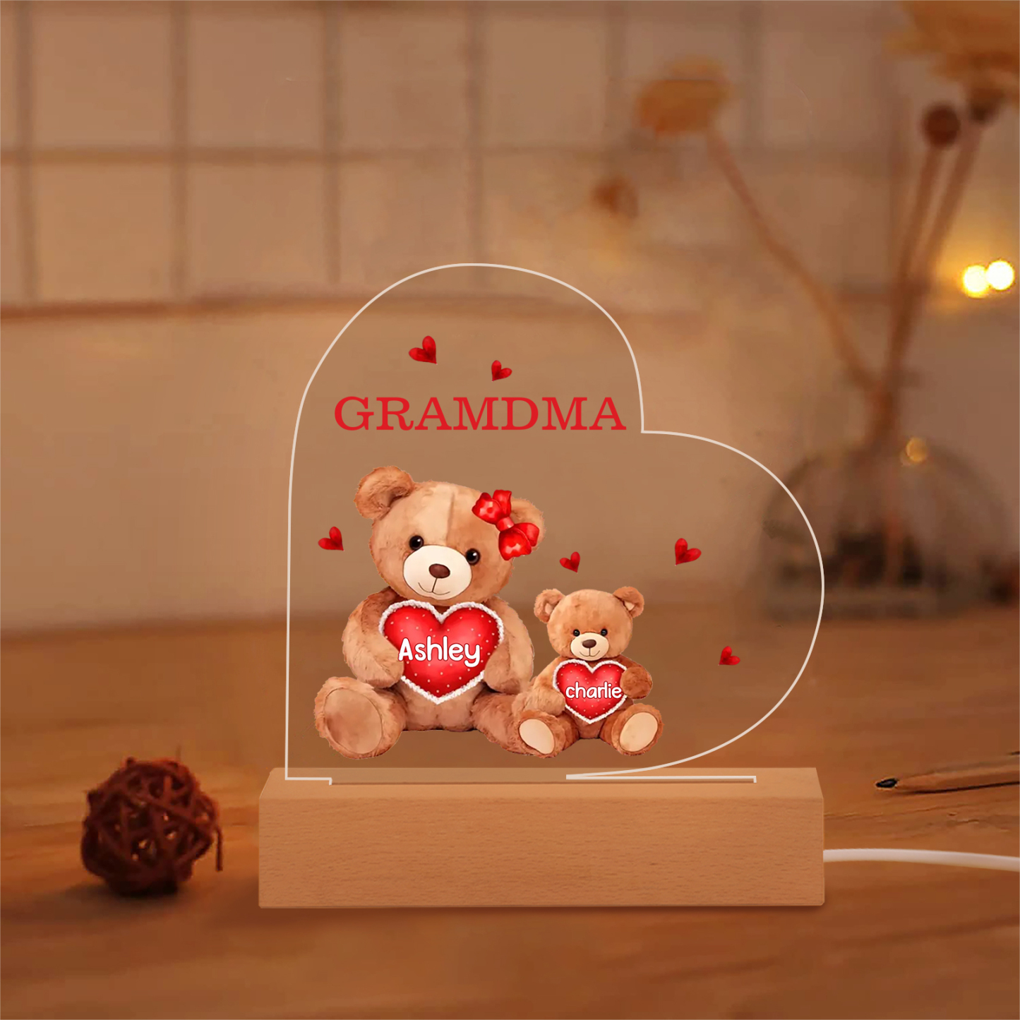 Personalised Bear Family Acrylic Plaque Night Light with Custom 2 Names LED Night Lamp-Jessemade AU