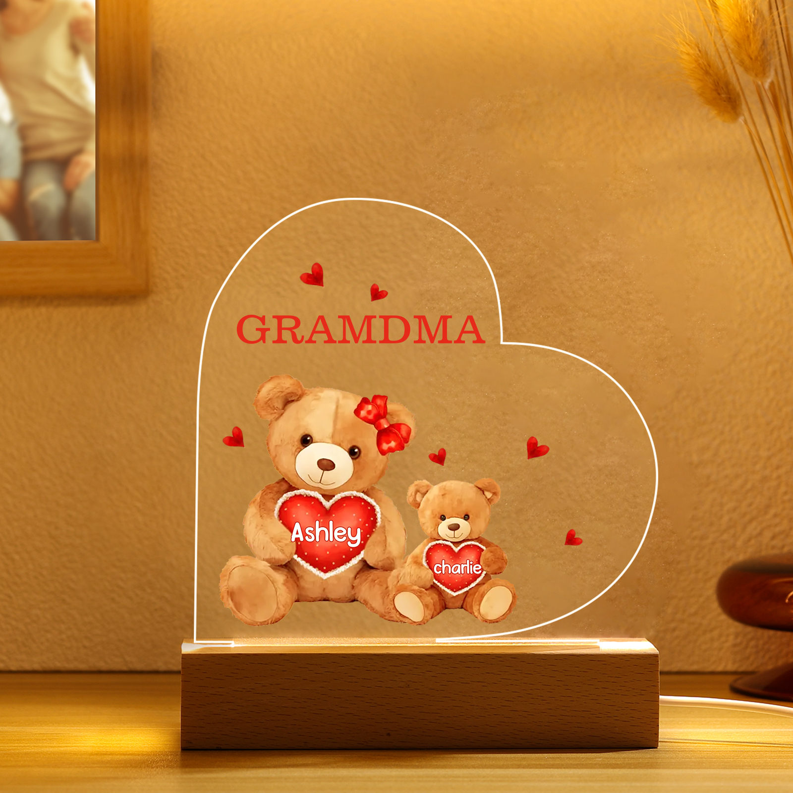 Personalised Bear Family Acrylic Plaque Night Light with Custom 2 Names Night Lamp