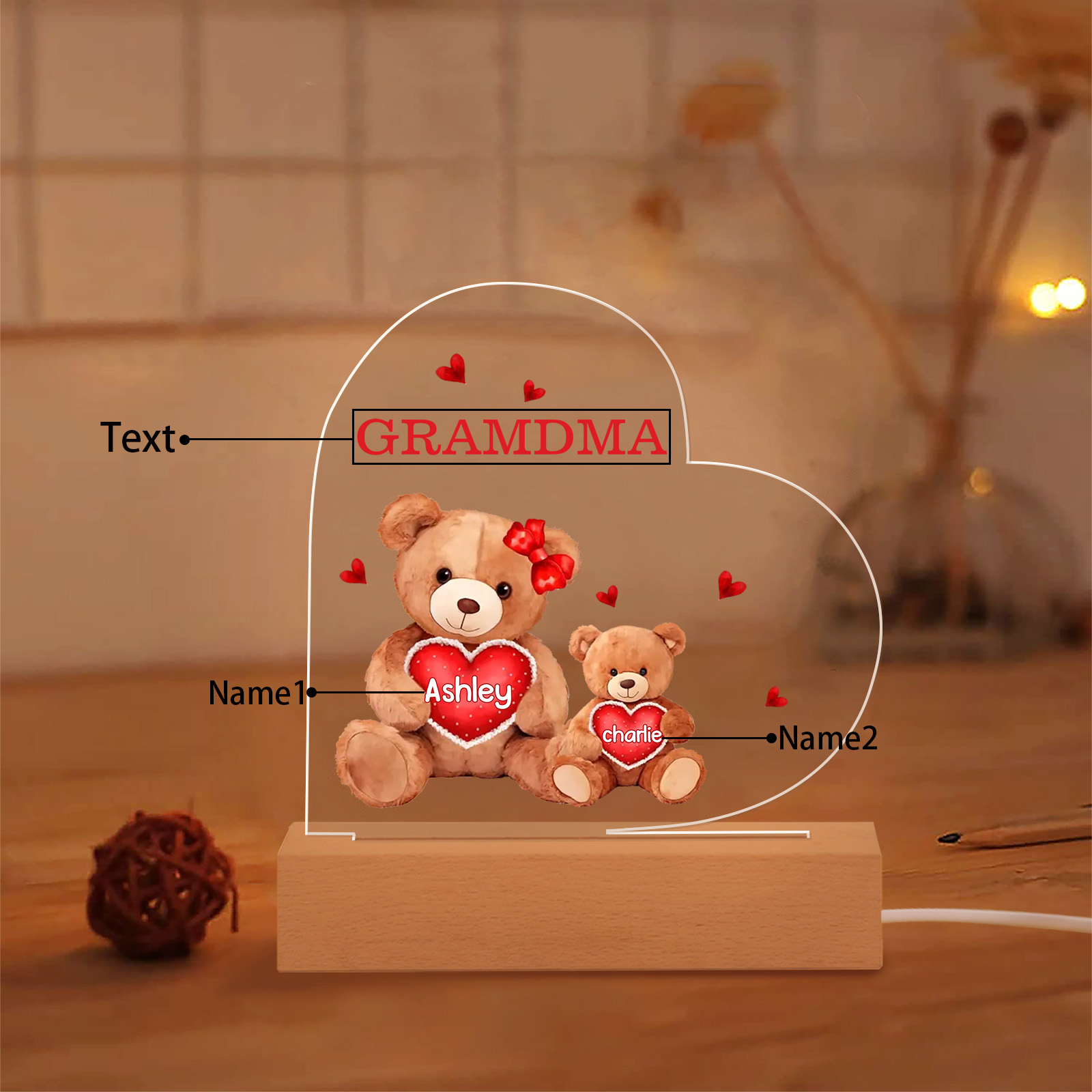 Personalised Bear Family Acrylic Plaque Night Light with Custom 2 Names Night Lamp
