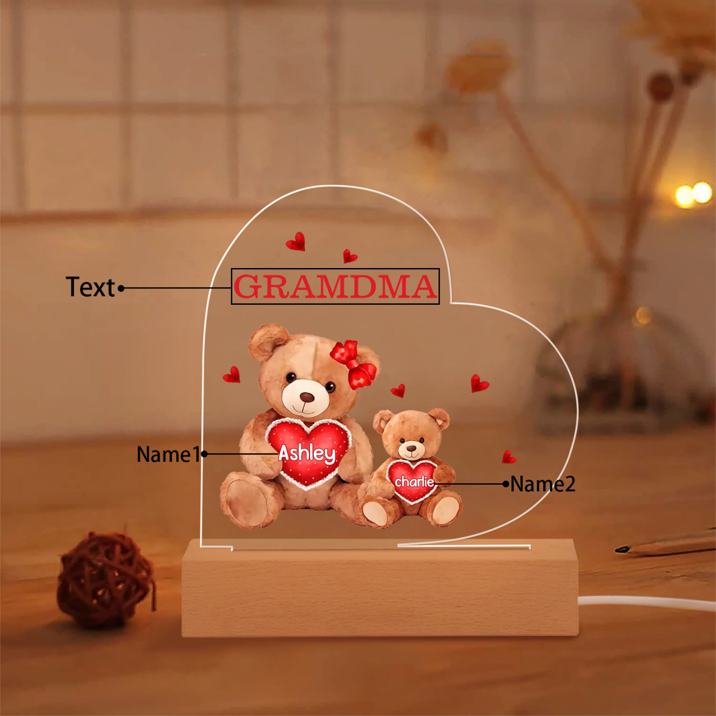 Personalised Bear Family Acrylic Plaque Night Light with Custom 2 Names LED Night Lamp-Jessemade AU