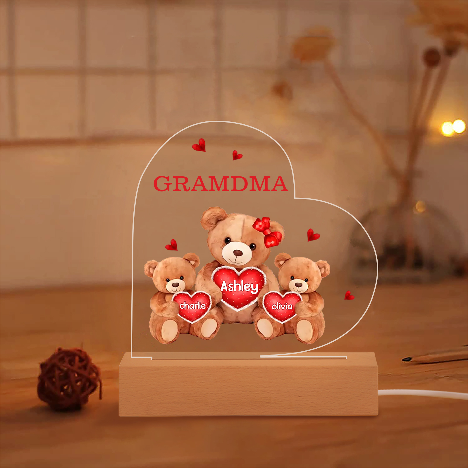 Personalised Bear Family Acrylic Plaque Night Light with Custom 3 Names LED Night Lamp-Jessemade AU