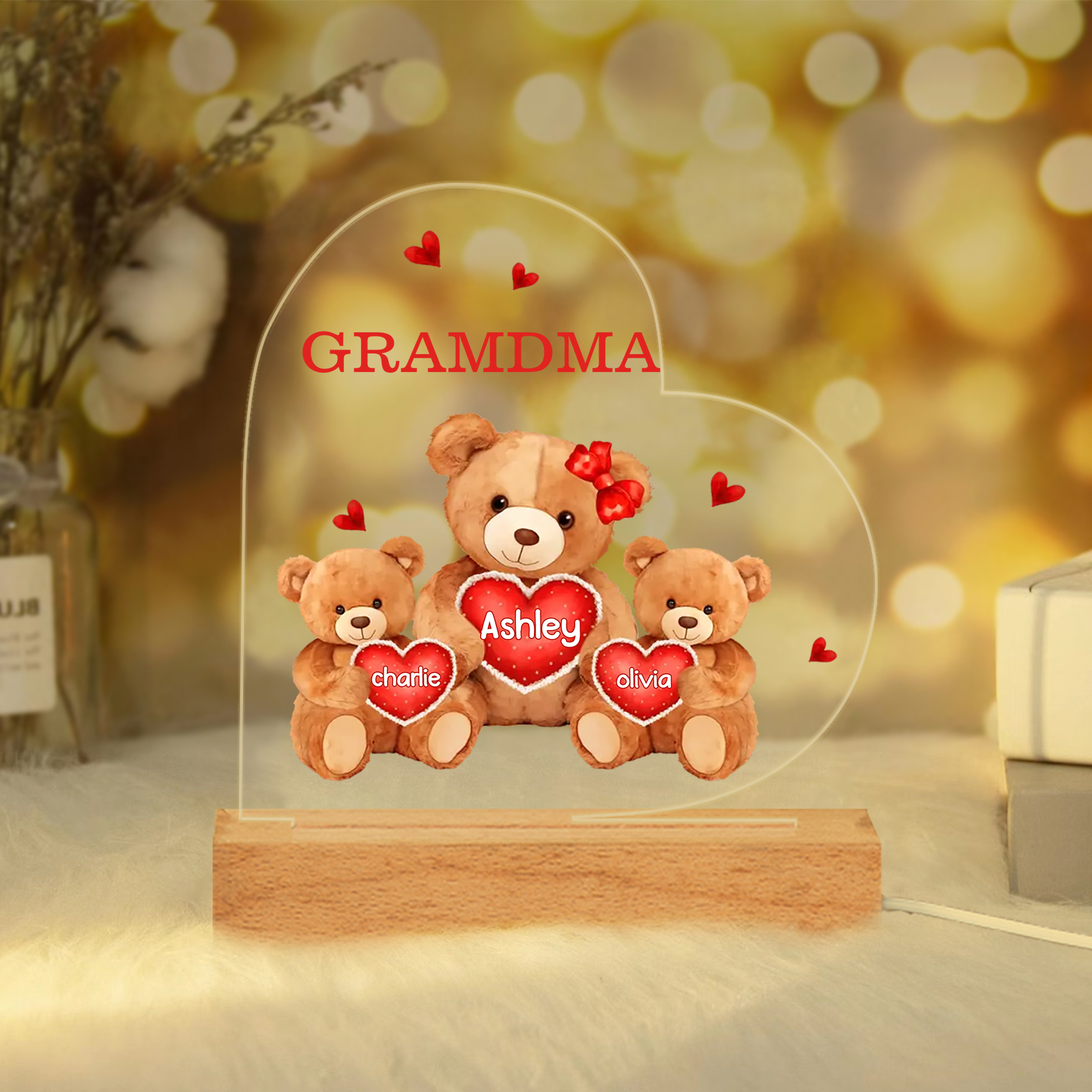 Personalised Bear Family Acrylic Plaque Night Light with Custom 3 Names LED Night Lamp-Jessemade AU