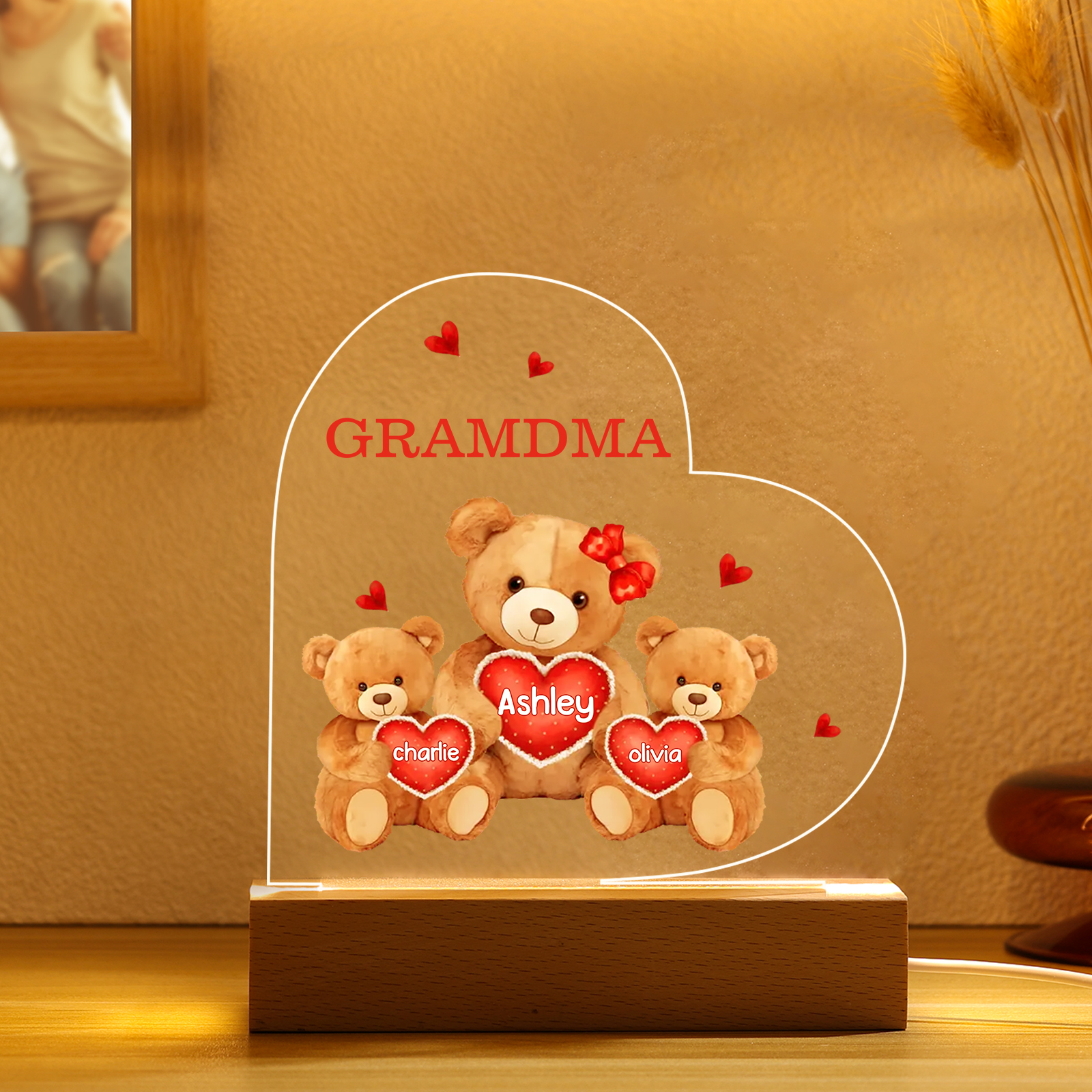 Personalised Bear Family Acrylic Plaque Night Light with Custom 3 Names LED Night Lamp