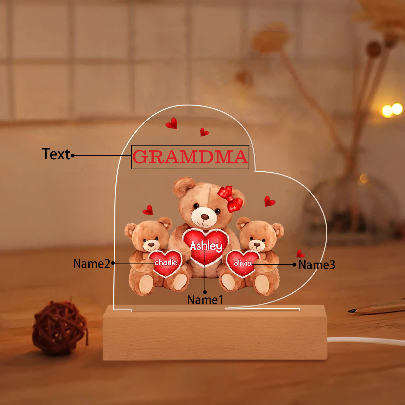 Personalised Bear Family Acrylic Plaque Night Light with Custom 3 Names LED Night Lamp