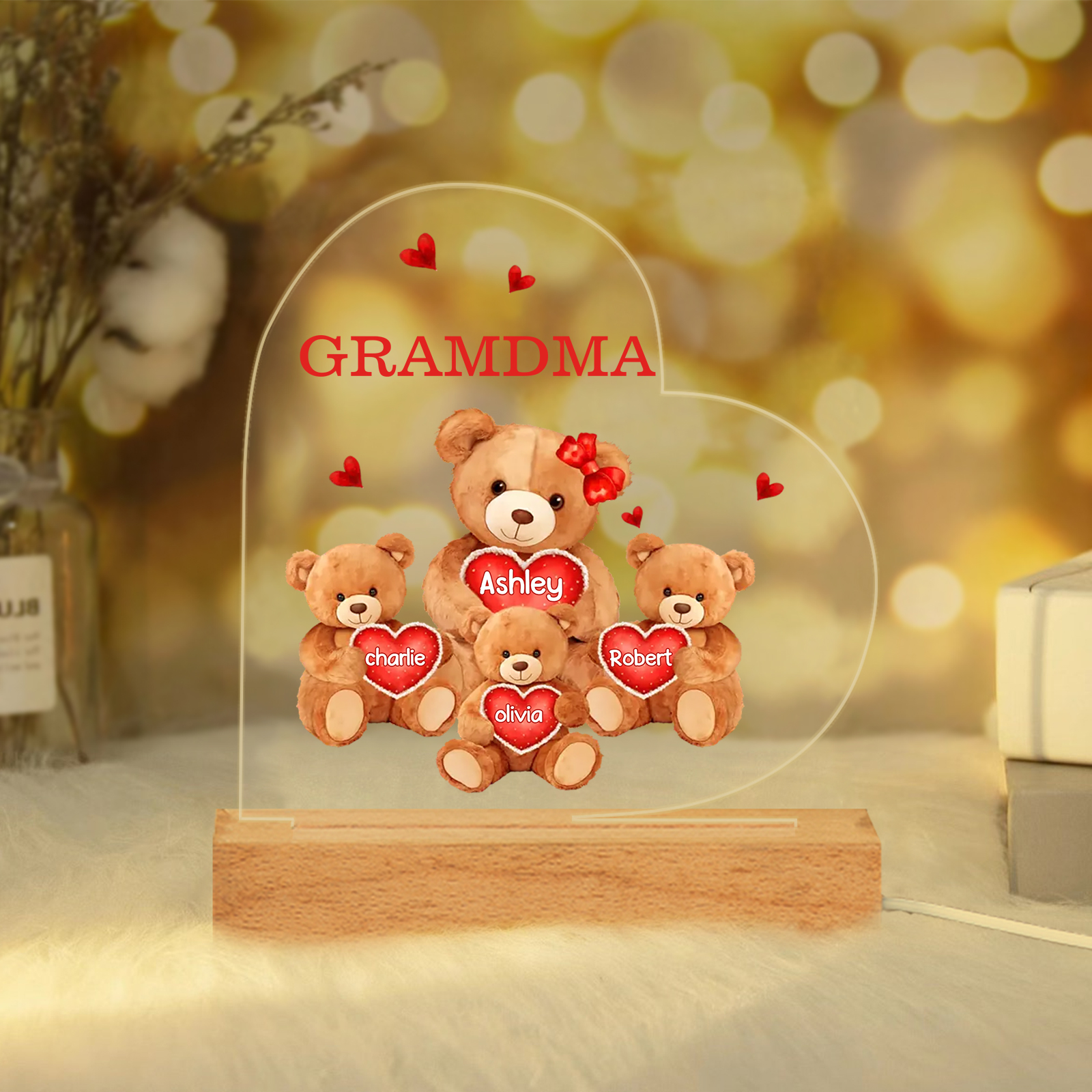 Personalised Bear Family Acrylic Plaque Night Light with Custom 4 Names LED Night Lamp-Jessemade AU