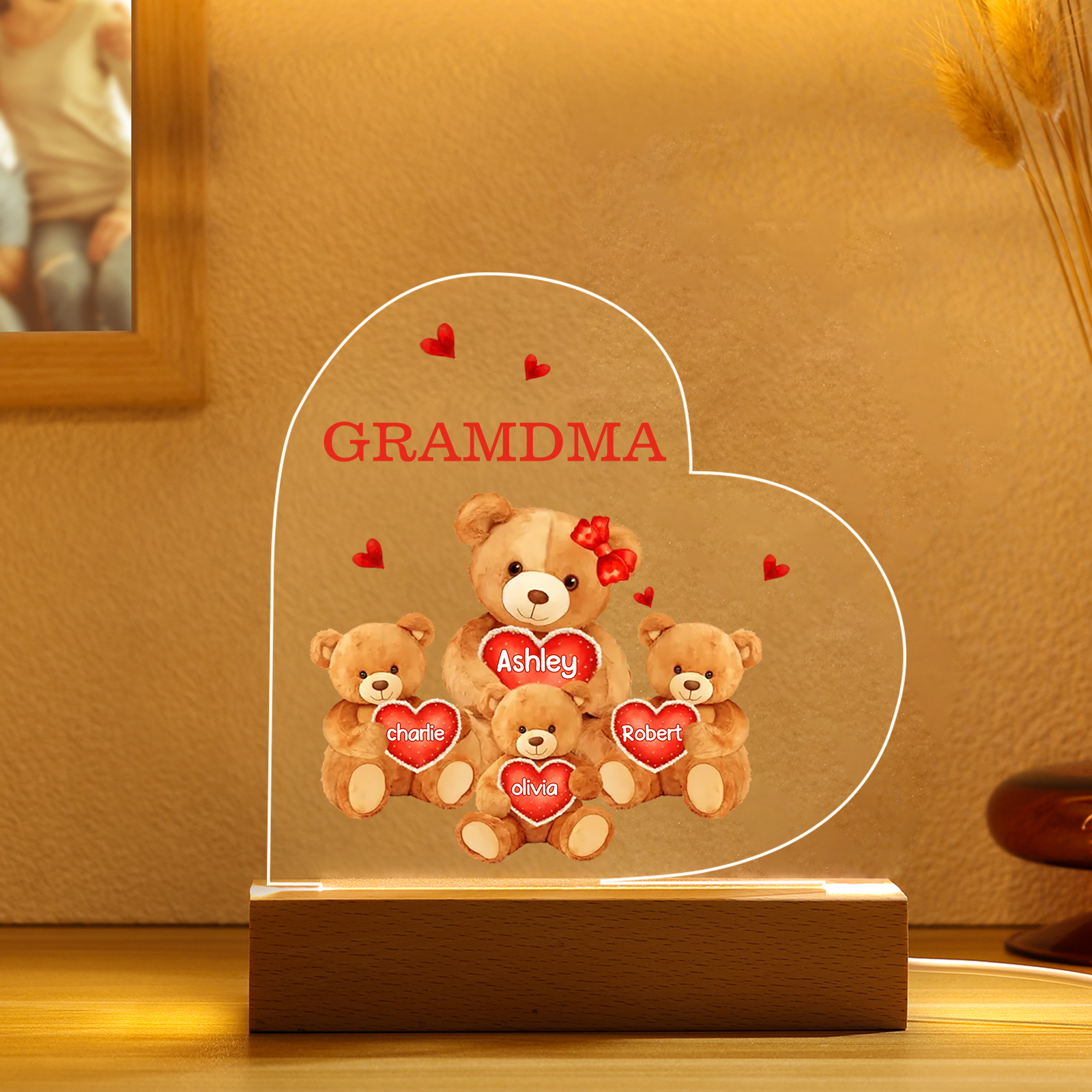 Personalised Bear Family Acrylic Plaque Night Light with Custom 4 Names LED Night Lamp