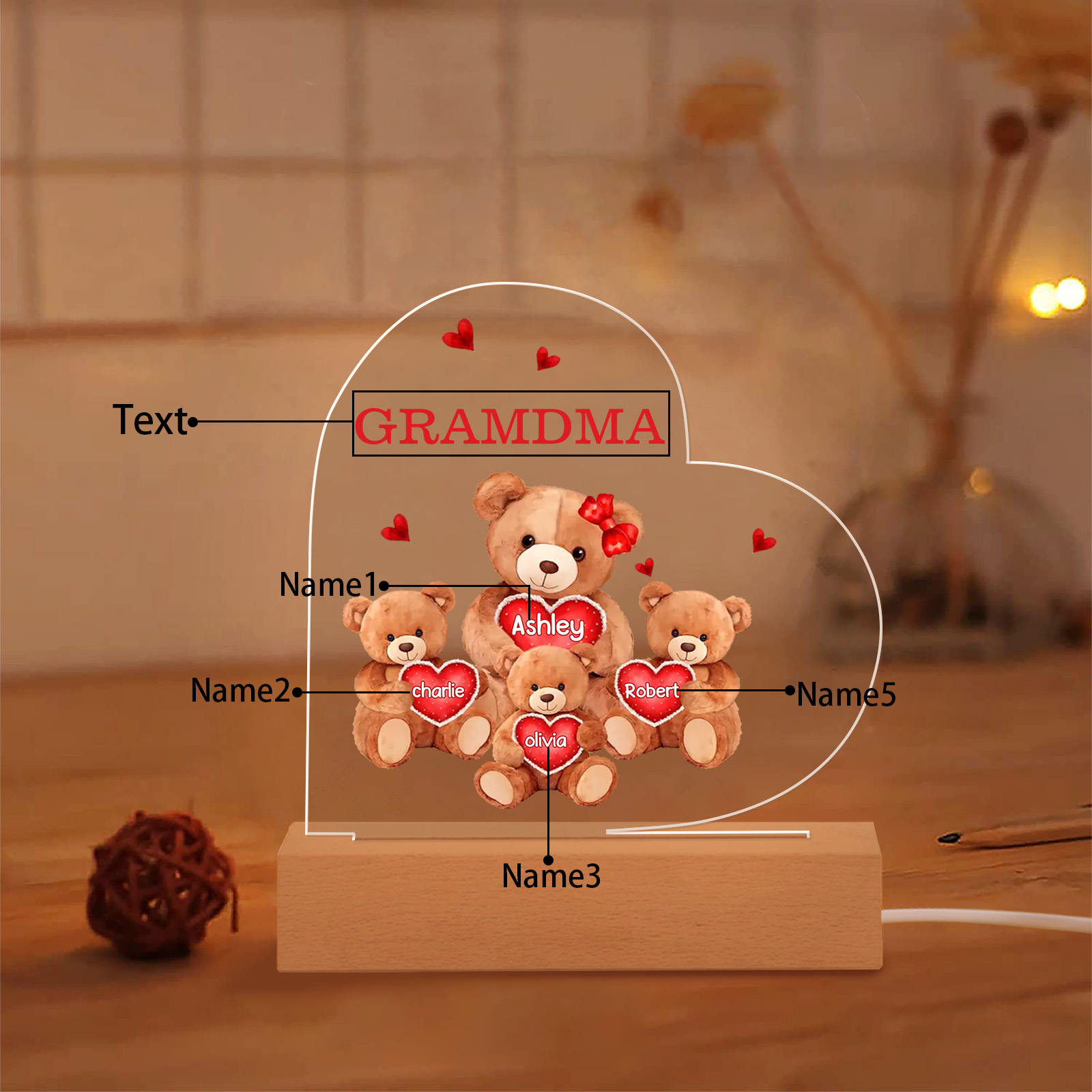 Personalised Bear Family Acrylic Plaque Night Light with Custom 4 Names LED Night Lamp
