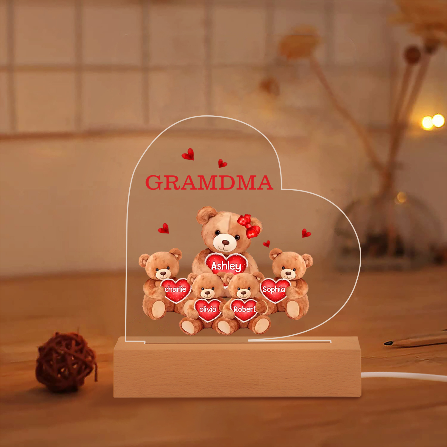 Personalised Bear Family Acrylic Plaque Night Light with Custom 5 Names LED Night Lamp-Jessemade AU