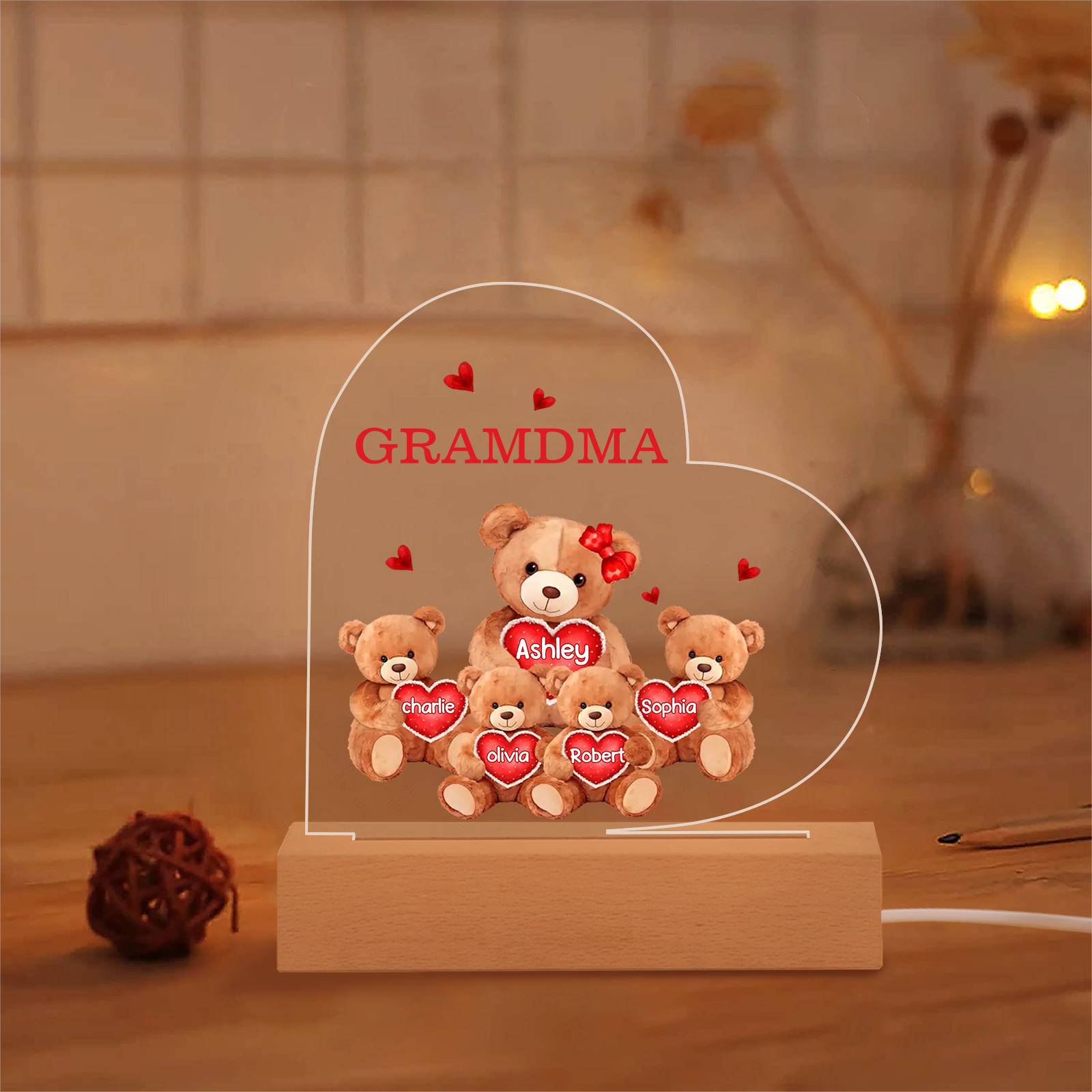 Personalised Bear Family Acrylic Plaque Night Light with Custom 5 Names LED Night Lamp-Jessemade AU