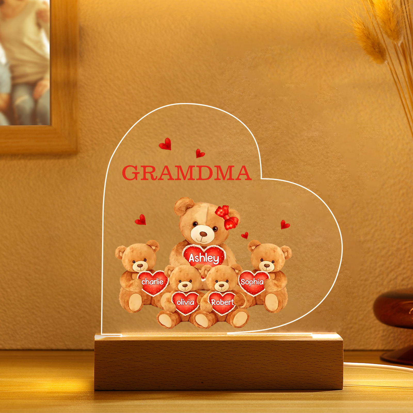 Personalised Bear Family Acrylic Plaque Night Light with Custom 5 Names LED Night Lamp