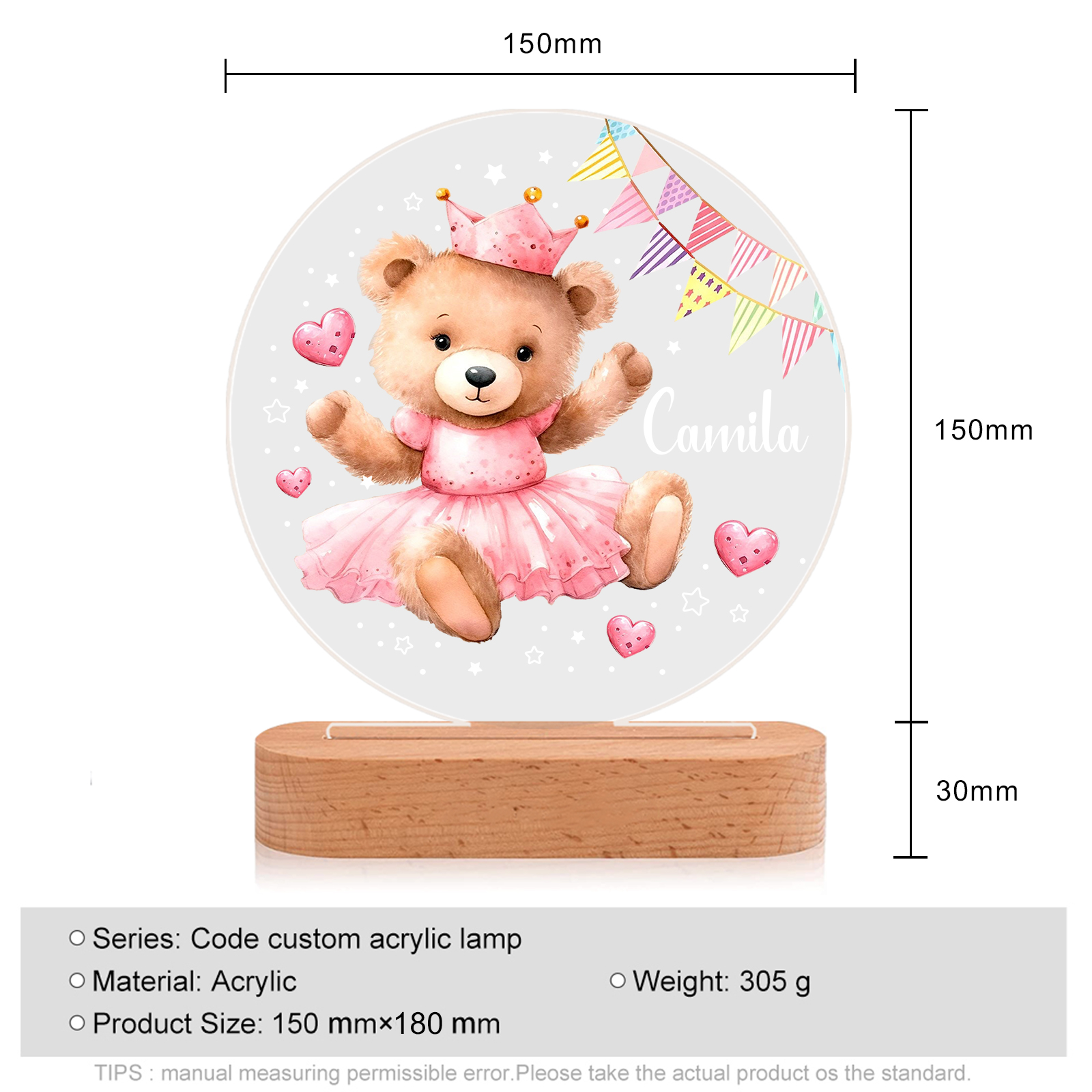 Personalised Name Acrylic Night Light Bear LED Lamp with Wooden Base Birthday Gifts for Kids-Jessemade AU