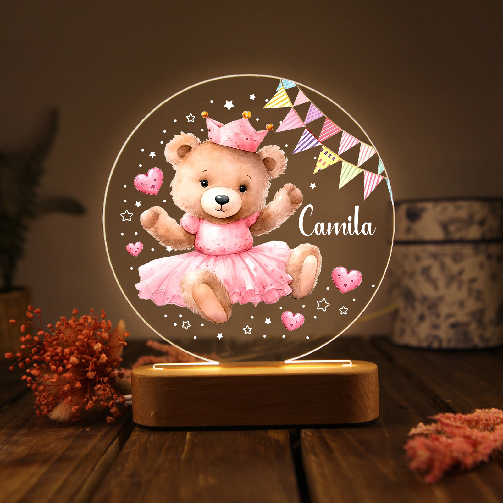 Personalised Name Acrylic Night Light Bear LED Lamp with Wooden Base Birthday Gifts for Kids