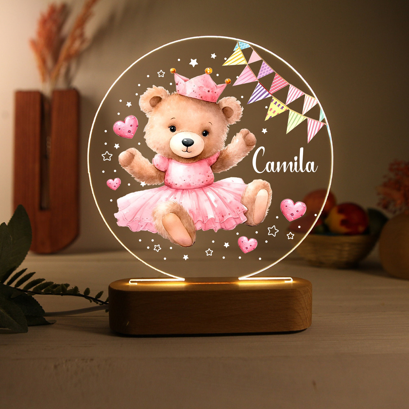 Personalised Name Acrylic Night Light Bear LED Lamp with Wooden Base Birthday Gifts for Kids-Jessemade AU