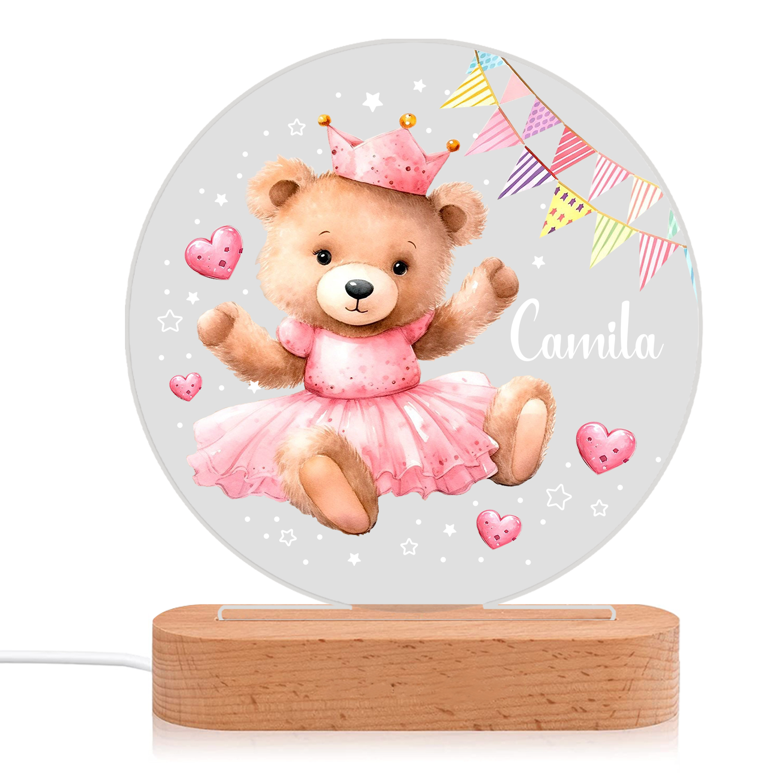Personalised Name Acrylic Night Light Bear LED Lamp with Wooden Base Birthday Gifts for Kids-Jessemade AU